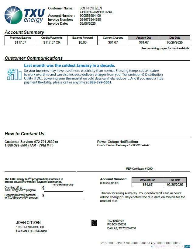 download download USA TXU Energy utility bill template in Word and PDF formats, version 4 PDF template PDF template